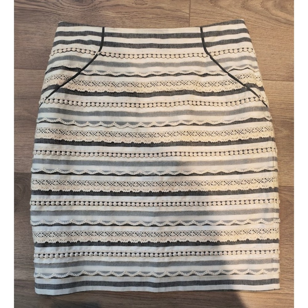 Anthropologie Tabitha Striped Lace Trim Skirt Cotton Linen Lined Gray Cream 0